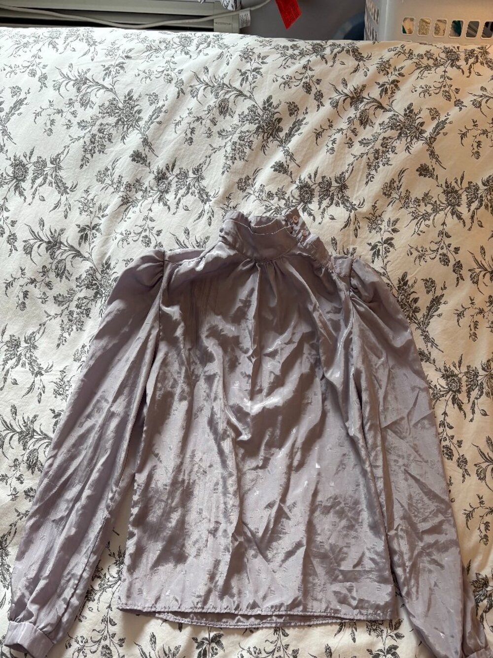 Lilac satin high neck victorian style blouse, women's S